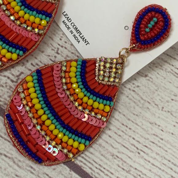 Natasha Multi-Color Beaded Dangle Earrings Striped Felt Back Post Push Back - Picture 5 of 16